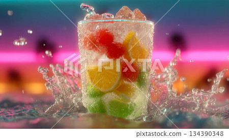 A glass filled with a fizzy drink with citrus and berries makes a splash. Bright neon lights flash in the background 134390348