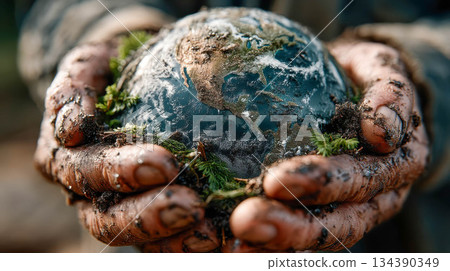 A pair of hands gently hold planet Earth, covered with soil and plants. Concept of environmental protection and care A pair of hands gently hold planet Earth, covered with soil and plants. Concept of environmental protection and care 134390349