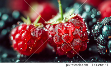 Ripe raspberries and blackberries covered in dew. Macro photography. Shallow focus highlights their vibrant texture Ripe raspberries and blackberries covered in dew. Macro photography. Shallow focus highlights their vibrant texture 134390351
