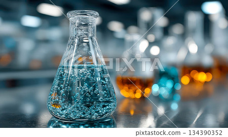 Two flasks on a lab bench filled with bubbling blue and amber liquids. Soft bokeh highlights a busy scientific workspace 134390352