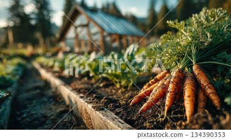 A freshly harvested bunch of carrots lies on rich soil. A rustic greenhouse and leafy beds blur softly in the warm background 134390353