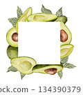 Square Frame, avocado wreath. Watercolor fruit leaves and flowers illustration. Hand drawn botanical drawing. Green plant on isolated background for food, cosmetic packaging design, card, invitation. 134390379