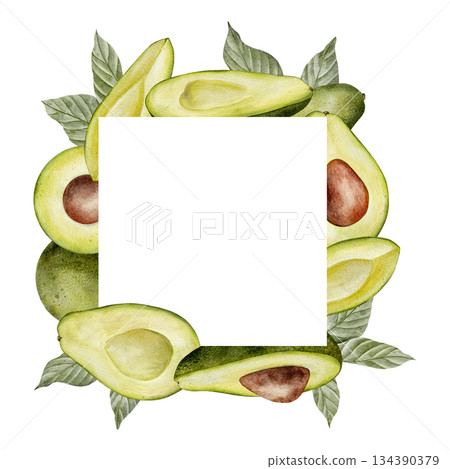 Square Frame, avocado wreath. Watercolor fruit leaves and flowers illustration. Hand drawn botanical drawing. Green plant on isolated background for food, cosmetic packaging design, card, invitation. Square Frame, avocado wreath. Watercolor fruit leaves and flowers illustration. Hand drawn botanical drawing. Green plant on isolated background for food, cosmetic packaging design, card, invitation. 134390379