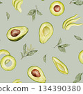Watercolor avocado seamless pattern on olive background. Green vegetable illustration. Hand drawn botanical plant drawing background for pack, textile, fabric and food packaging design. 134390380