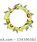 Circle Frame, avocado wreath. Watercolor fruit leaves and flowers illustration. Hand drawn botanical drawing. Green plant on isolated background for food, cosmetic packaging design, card, invitation. 134390381