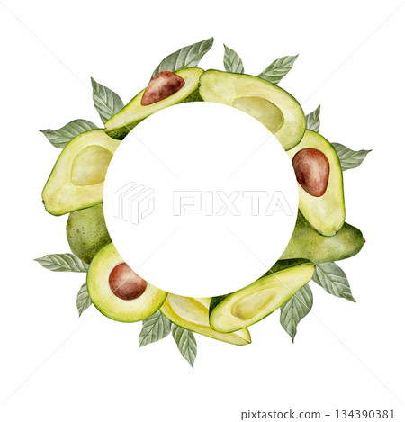 Circle Frame, avocado wreath. Watercolor fruit leaves and flowers illustration. Hand drawn botanical drawing. Green plant on isolated background for food, cosmetic packaging design, card, invitation. 134390381