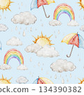 Children seamless pattern on blue background with umbrella, rainbows, sun, and fluffy rain clouds for fabrics, for kids goods,linen, pajamas. Watercolor hand drawn illustration. 134390382