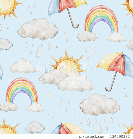 Children seamless pattern on blue background with umbrella, rainbows, sun, and fluffy rain clouds for fabrics, for kids goods,linen, pajamas. Watercolor hand drawn illustration. 134390382