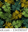 Seamless pattern Illustration featuring hand-drawn watercolor palm leaves in shades of green and yellow on black background. Design for vibrant summer fashion, decor or exotic party invitations 134390507