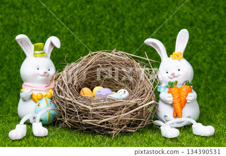 Easter decoration with bunnies and eggs. Easter decoration with bunnies and eggs. 134390531