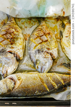 Baked Dorado Fish on Tray 134390741