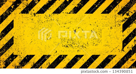 Warning sign with yellow and black diagonal lines. Attention, danger or caution symbol. Construction site signage, road safety notice, hazard banner, security alert shield. Vector illustration 134390851