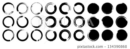 Grunge circles, brush strokes, lines, ink smudges, hand-drawn scribble shapes. Handmade sketchy marks, acrylic stains, charcoal streaks. Paint textures, dry brush effect. Vector illustration 134390868