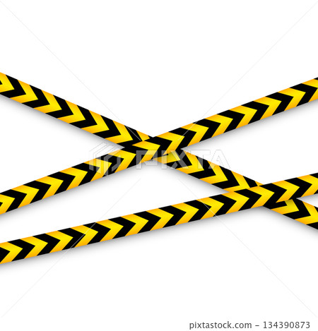 Barricade construction tape. Colorful police warning line, brightly colored danger or hazard stripe, ribbon. Restricted area, zone. Attention symbol. Vector illustration 134390873