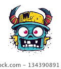 Shocked Blue Cartoon Monster Head with Horned Yellow Helmet (AI Generated) 134390891