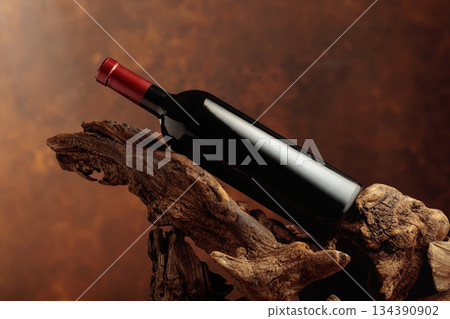 Unopened bottle of red wine and weathered snag. Unopened bottle of red wine and weathered snag. 134390902