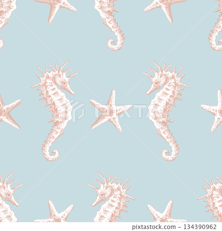 Seamless pattern with hand drawn seahorse and starfish. Underwater world line art illustration for textile, wallpaper, and fabric design. Marine animal graphical concept on a blue background 134390962