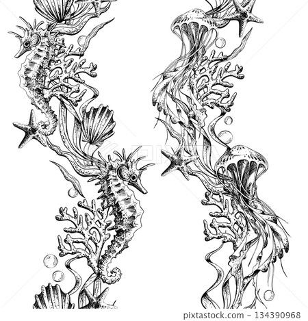 Hand drawn line art illustration of marine animal seamless pattern for design, print, wallpaper, fabric, background with seahorse, coral, jellyfish. Vertical borders outline graphic 134390968