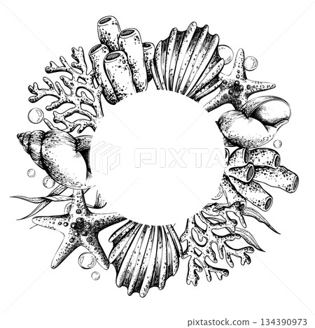 Hand drawn ocean creature round frame wreath template with seashell, starfish, and coral. Underwater world illustration for marine life design and creative project. Outline graphic illustration Hand drawn ocean creature round frame wreath template with seashell, starfish, and coral. Underwater world illustration for marine life design and creative project. Outline graphic illustration 134390973