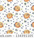 Seamless pattern with watercolor swirl sweet buns and scattered blueberries on white background. Design for bakery branding, pastry packaging, digital paper, or kitchen decor. 134391105
