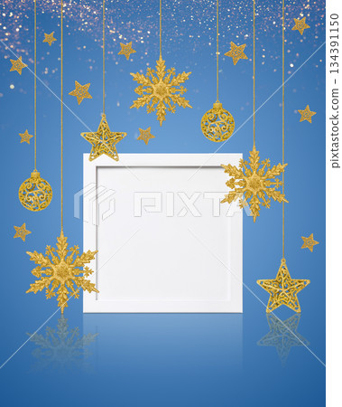 Christmas tree baubles gold color and white frame on white background. Festive winter holiday background. Design with copy space for greeting card, text, advertising, banner, invitation Christmas tree baubles gold color and white frame on white background. Festive winter holiday background. Design with copy space for greeting card, text, advertising, banner, invitation 134391150