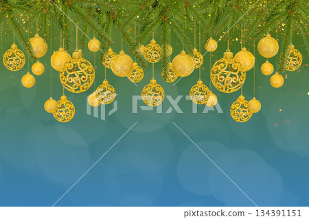 Christmas tree baubles on green blue gradient background with branches of Christmas trees and golden lights. Festive winter holiday background. Design with copy space for greeting card, text Christmas tree baubles on green blue gradient background with branches of Christmas trees and golden lights. Festive winter holiday background. Design with copy space for greeting card, text 134391151