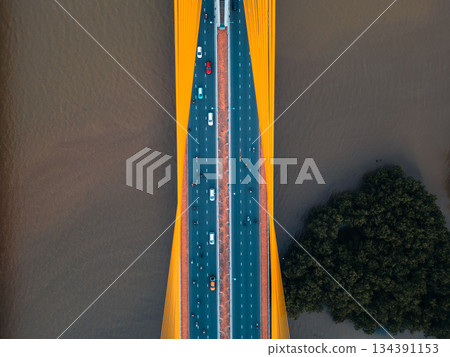 Symmetric modern cable-stayed bridge over Han river in Da Nang, Contemporary urban span connecting city across waterway 134391153