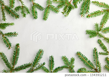 christmas tree decorations on white background, flat lay composition christmas tree decorations on white background, flat lay composition 134391211