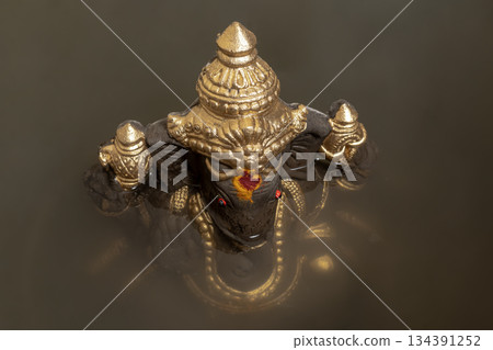 Golden Ganesha idol partially immersed in water 134391252