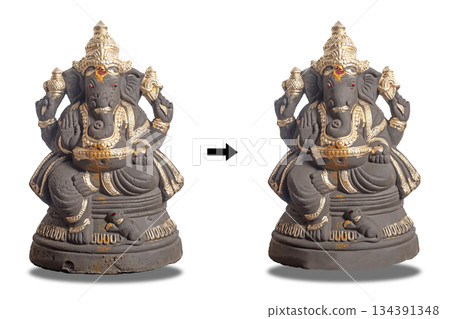 Ganesha statue with gold accents: before and after details of ornate elephant god. Ganesha statue with gold accents: before and after details of ornate elephant god. 134391348