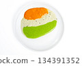 Tricolor chutney spread on a white plate, South Indian food concept 134391352
