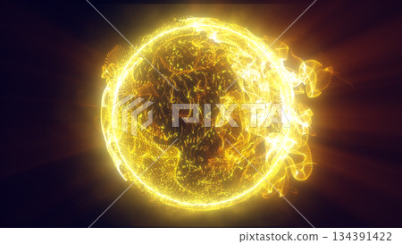 Intense golden energy sphere made of thousands of shimmering particles and radiant streaks emitting powerful heat and light Intense golden energy sphere made of thousands of shimmering particles and radiant streaks emitting powerful heat and light 134391422