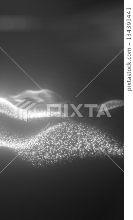Abstract monochrome visualization of glowing white particles forming dynamic flowing waves on a dark background Abstract monochrome visualization of glowing white particles forming dynamic flowing waves on a dark background 134391441