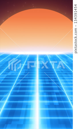 Retro futuristic landscape with glowing grid surface and rising sun, inspired by 1980s sci-fi aesthetics Retro futuristic landscape with glowing grid surface and rising sun, inspired by 1980s sci-fi aesthetics 134391454