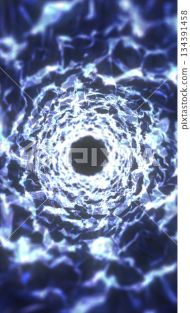 Bright blue crystalline vortex tunnel forming a spiraling energy path into a dark central void 134391458