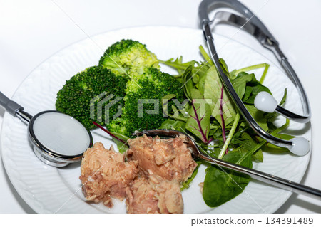 Healthy lifestyle concept with tuna fish broccoli salad Healthy lifestyle concept with tuna fish broccoli salad 134391489