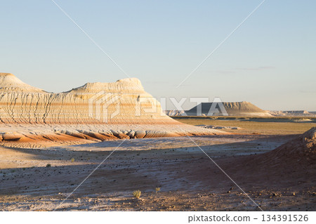 Kyzylkup area landscape, Mangystau desert. Rock strata formations Kyzylkup area landscape, Mangystau desert. Rock strata formations 134391526