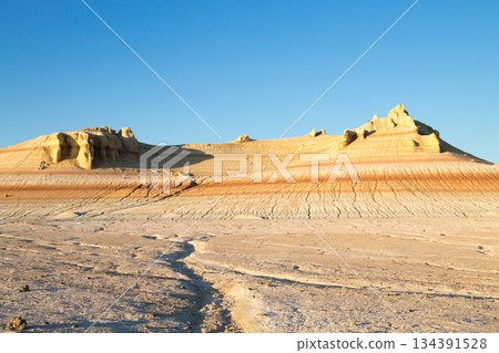 Kyzylkup area landscape, Mangystau desert. Rock strata formations Kyzylkup area landscape, Mangystau desert. Rock strata formations 134391528