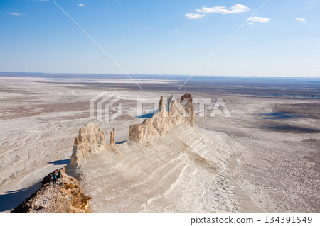 Bozzhira valley pinnacles aerial view, Mangystau region, Kazakhstan. Ak Orpa pinnacles 134391549