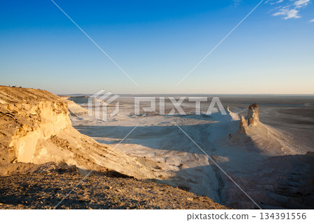 Beautiful Mangystau landscape, Kazakhstan. Ak Orpa pinnacles view, Bozzhira valley Beautiful Mangystau landscape, Kazakhstan. Ak Orpa pinnacles view, Bozzhira valley 134391556