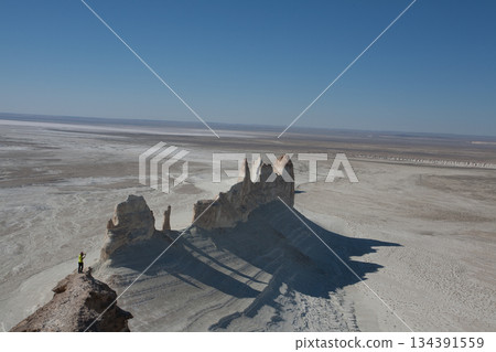 Stunning Mangystau landscape, Kazakhstan. Ak Orpa pinnacles aerial view, Bozzhira valley 134391559