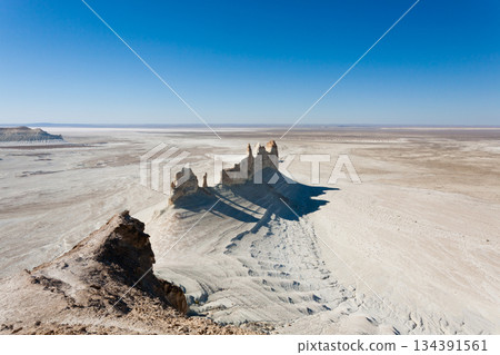 Stunning Mangystau landscape, Kazakhstan. Ak Orpa pinnacles aerial view, Bozzhira valley Stunning Mangystau landscape, Kazakhstan. Ak Orpa pinnacles aerial view, Bozzhira valley 134391561
