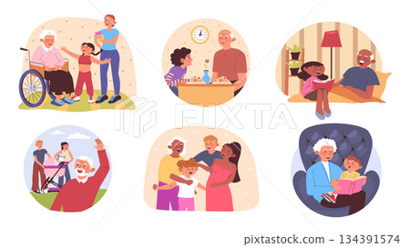 Visiting grandparents concept set for web design. Collection with cartoon elderly people pastime with family. Grandchilds coming to grandmothers or grandfathers and having fun. Vector illustration. 134391574