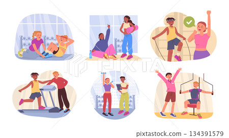 Personal trainer session concept set for web design. Collection with cartoon people exercising with dumbbells or treadmills with instructor guidance, workout with sport coaching. Vector illustration. Personal trainer session concept set for web design. Collection with cartoon people exercising with dumbbells or treadmills with instructor guidance, workout with sport coaching. Vector illustration. 134391579