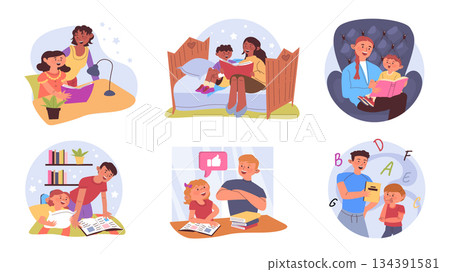 Parent-child reading concept set for web design. Collection with cartoon people bedtime storytelling their kids. Father and mother read books and doing homework with children. Vector illustration. 134391581