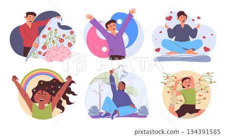 Mental health self care concept set for web design. Collection with cartoon people taking care brain and inner feelings, practicing meditation and yoga asanas, doing aromatherapy. Vector illustration. Mental health self care concept set for web design. Collection with cartoon people taking care brain and inner feelings, practicing meditation and yoga asanas, doing aromatherapy. Vector illustration. 134391585