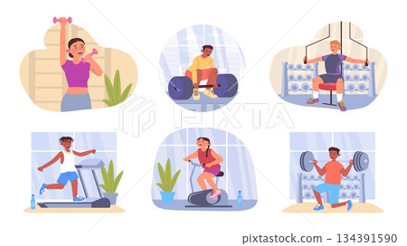 Gym equipment training concept set for web design. Collection with cartoon people doing training at sport studio, exercising with dumbbells, lifting barbell, treadmill running. Vector illustration. 134391590