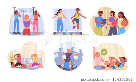Group workout class concept set for web design. Collection with cartoon people doing training with dumbbells or fit ball in gym with instructor, practicing pilates or aerobic. Vector illustration. Group workout class concept set for web design. Collection with cartoon people doing training with dumbbells or fit ball in gym with instructor, practicing pilates or aerobic. Vector illustration. 134391591