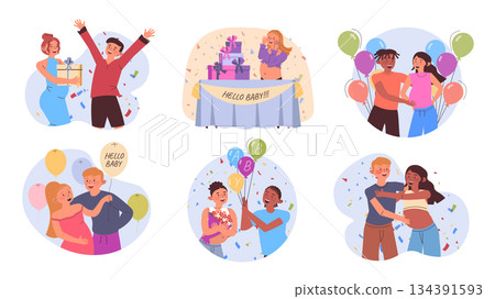 Gender neutral baby shower concept set for web design. Collection with cartoon people greeting their parenthood at party, welcoming newborn with gifts and balloons at event. Vector illustration. 134391593
