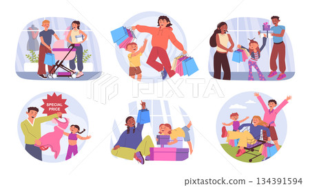 Family shopping day concept set for web design. Collection with cartoon people with kids or baby in stroller hold lot of bags, doing purchases, buying together in store and shop. Vector illustration. 134391594